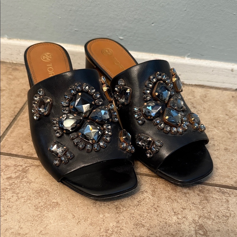Tory Burch Black Gem-Embellished Mules
